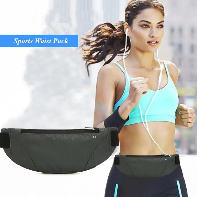 Two black waist packs with zippered pockets for running; lightweight, waterproof fanny bags with adjustable straps.