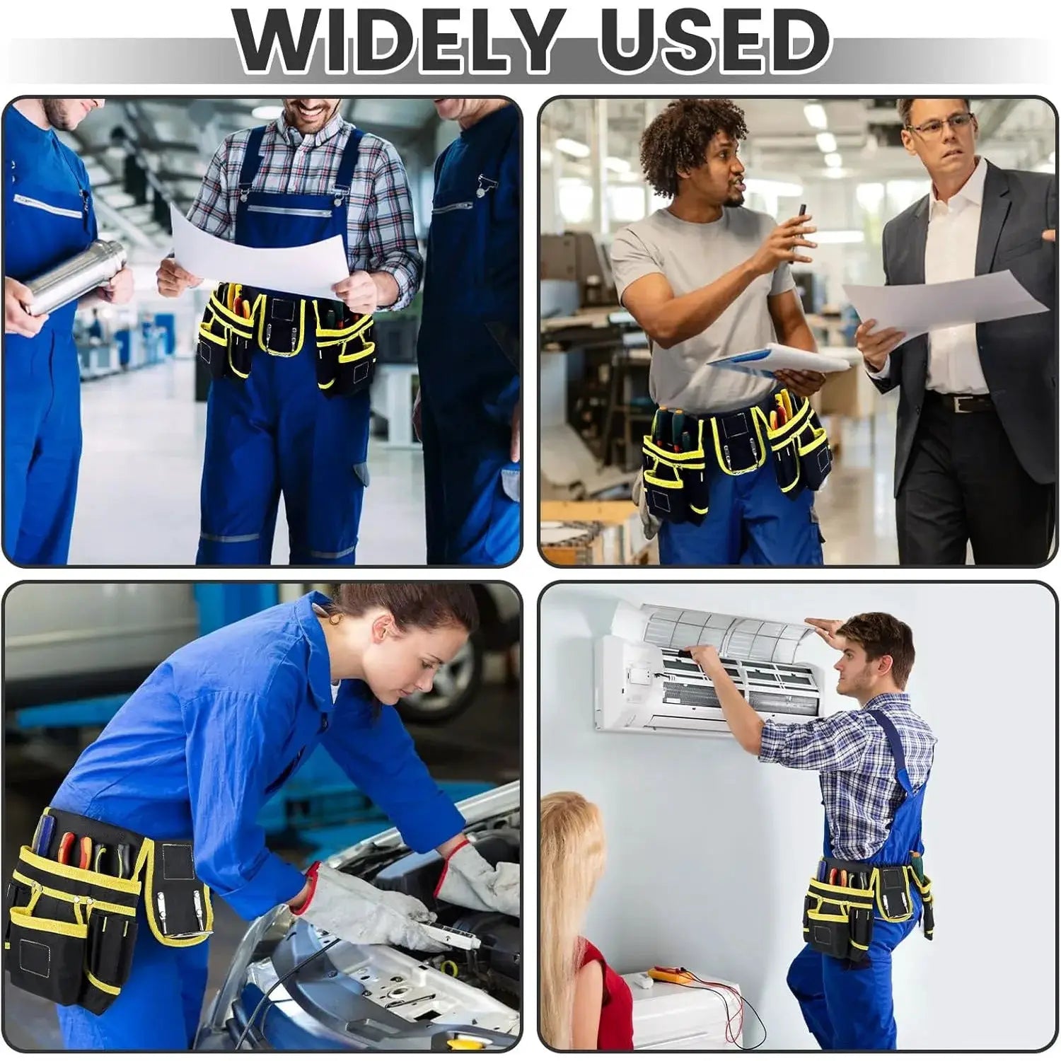 Tool belt bag with adjustable pockets and detachable pouches, yellow-trim black belt worn by workers in blue overalls