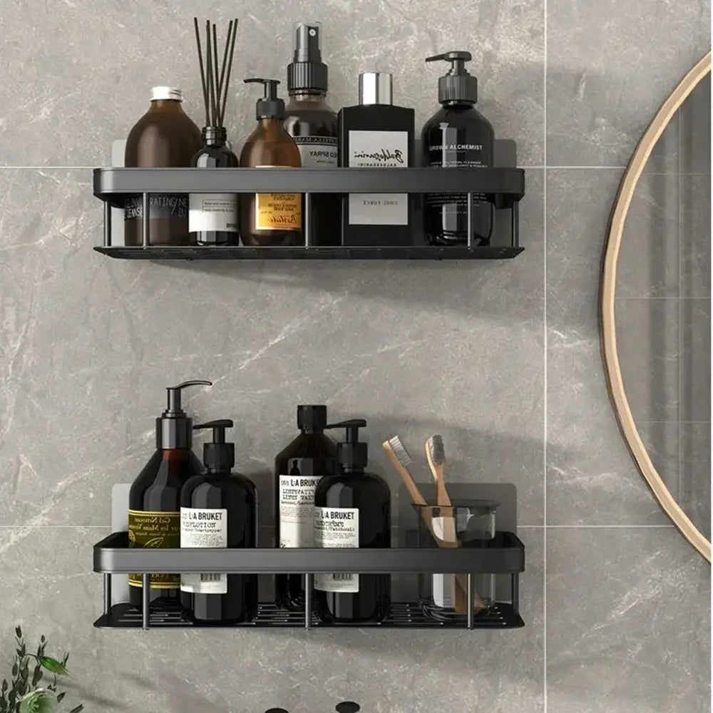 Two-tier black aluminum bathroom shelf organizer for shower, holds bottles and brushes