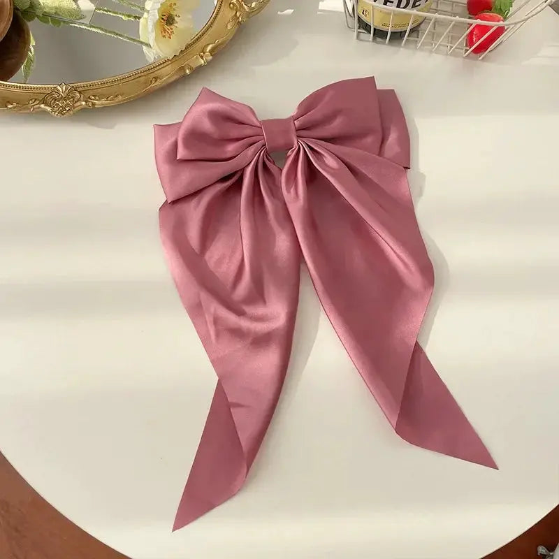 Korean Satin Bowknot Hair Clip For Women And Girls Long Ribbon Solid Color Barrette Hair Accessory
