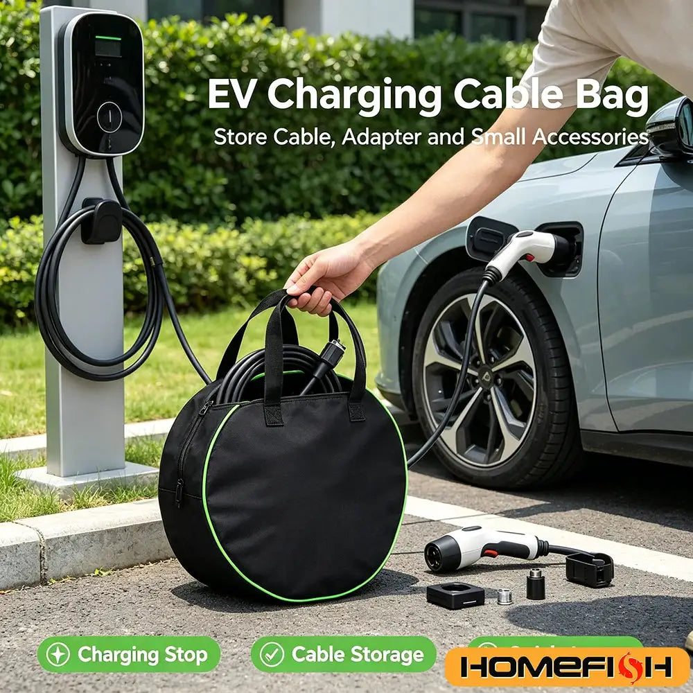 EV charging cable bag, round black Oxford fabric pouch with neon-green trim for cables and small accessories, Homefi.