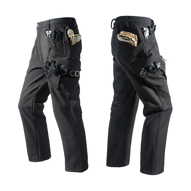 Men's Simples Market cargo fleece-softshell hiking pants in black with multiple tool pockets, two-angle view