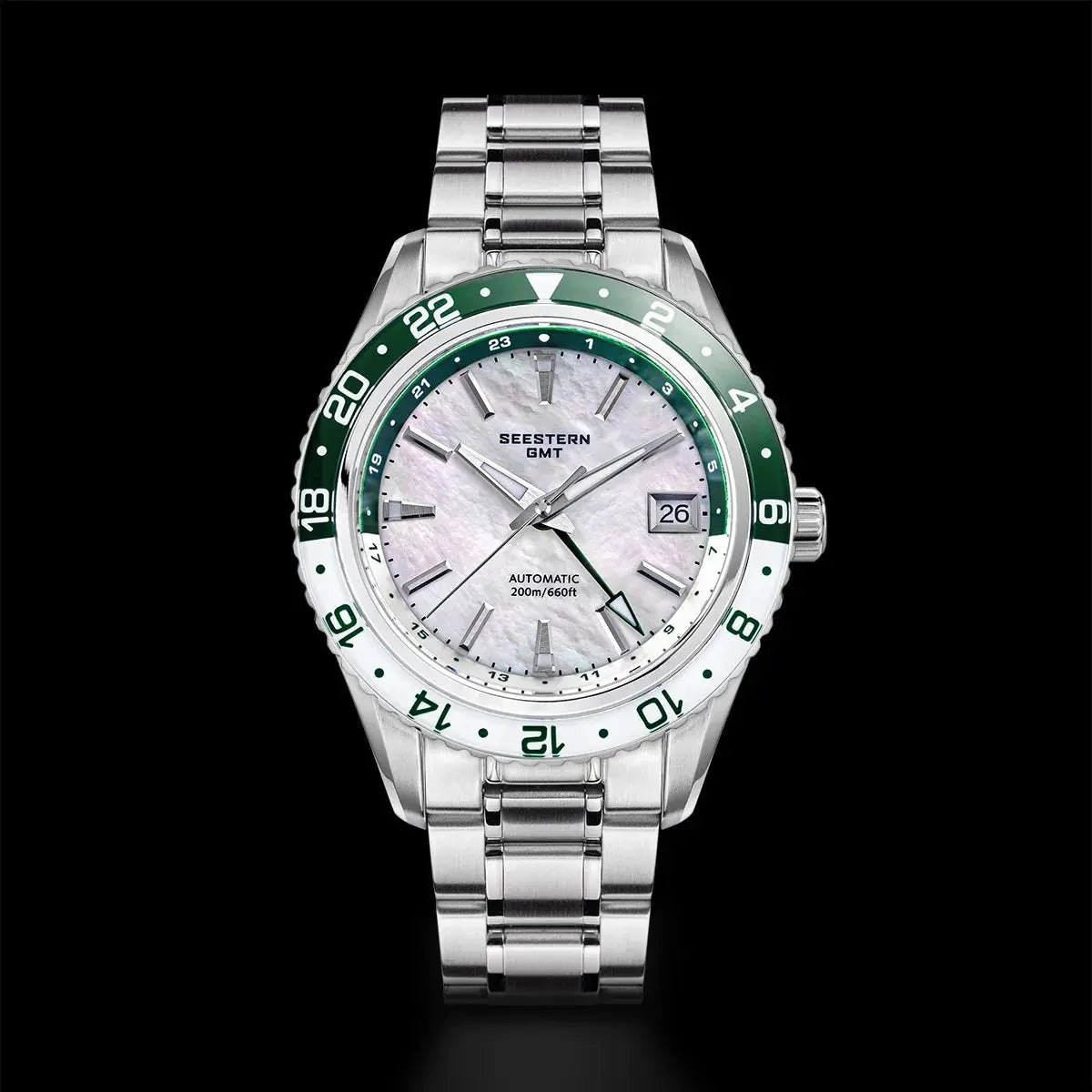 SEESTERN GMT men's stainless steel watch with green bezel, mother-of-pearl dial, date window, automatic movement