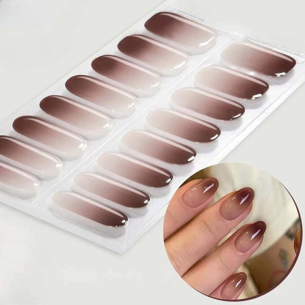 Simples Market gel nail wraps sheet in nude-to-brown gradient, 16/20/22 tips, full-cover long almond nails