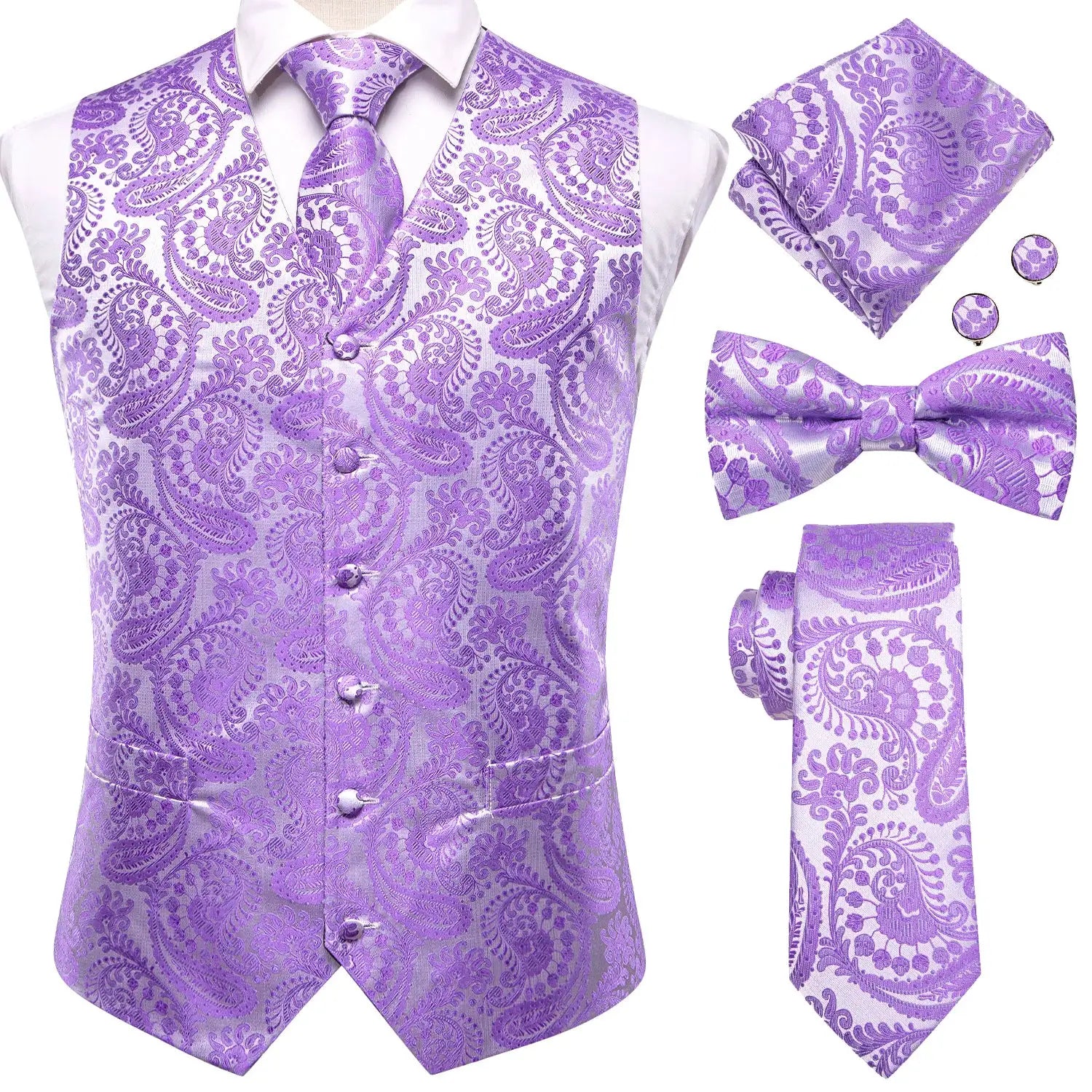 Men's purple paisley waistcoat set with matching tie, bow tie, pocket square, and cufflinks