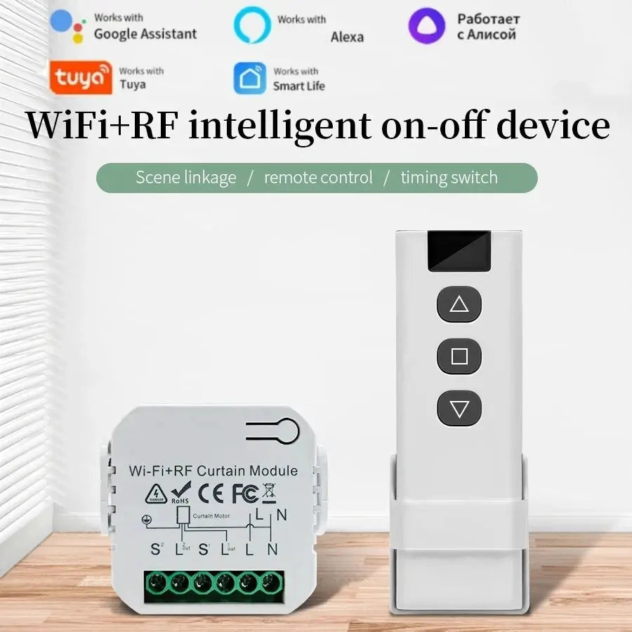 Tuya WiFi Curtain Module with 433MHz RF remote, white controller, 2-piece set works with Alexa and Google Assistant