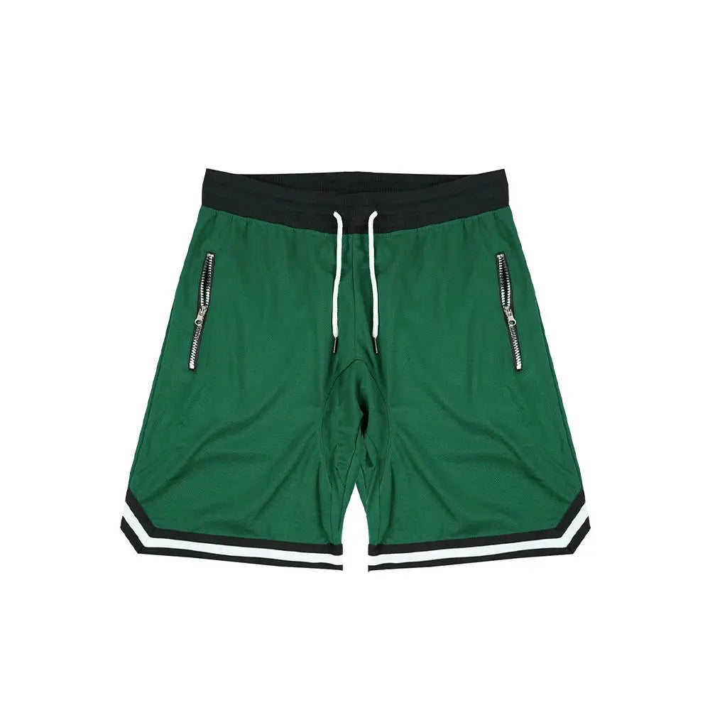 Men's green basketball shorts with black waistband, white drawstrings, zip pockets, and striped hem.