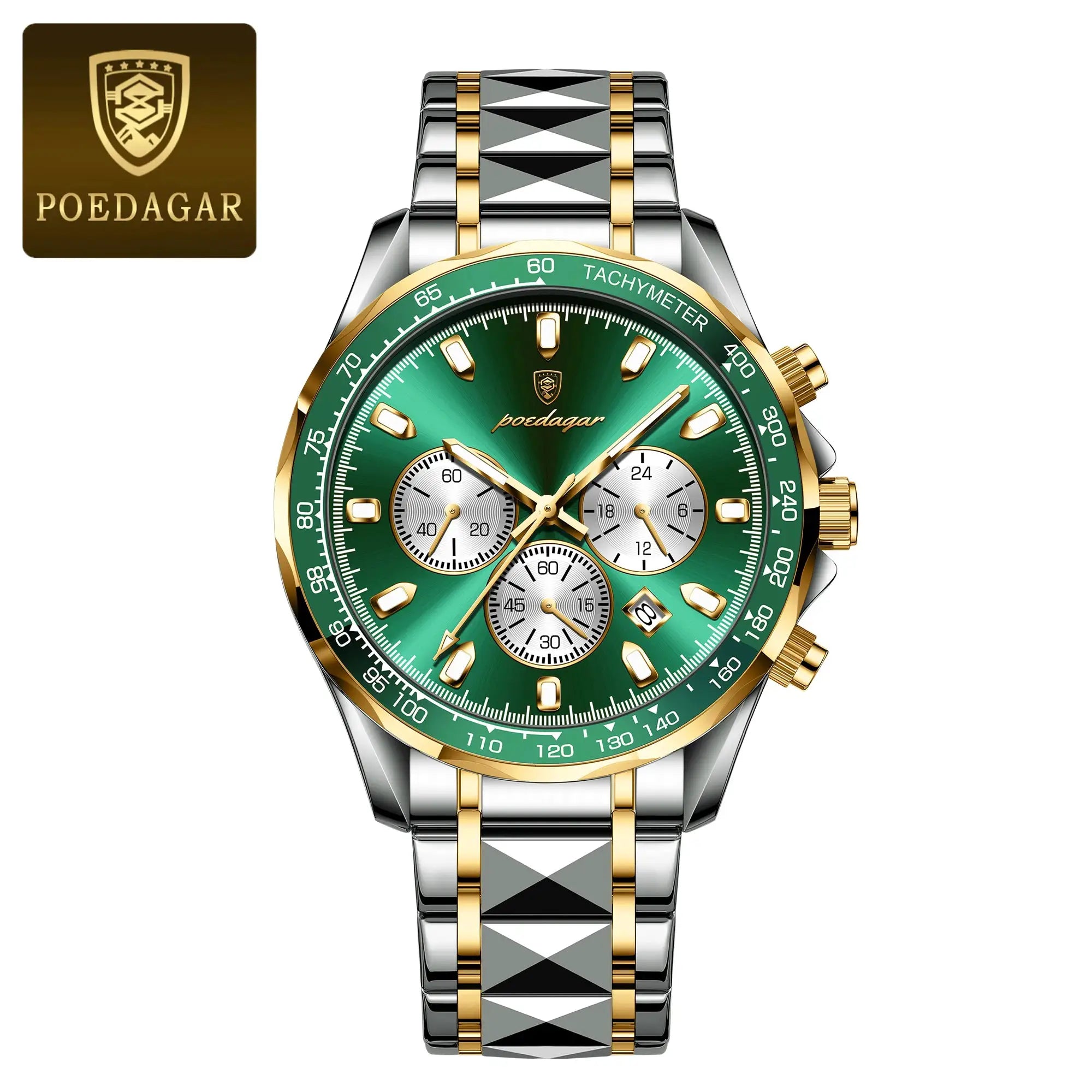 POEDAGAR men's stainless steel watch with green dial, gold-silver bracelet, chronograph and tachymeter