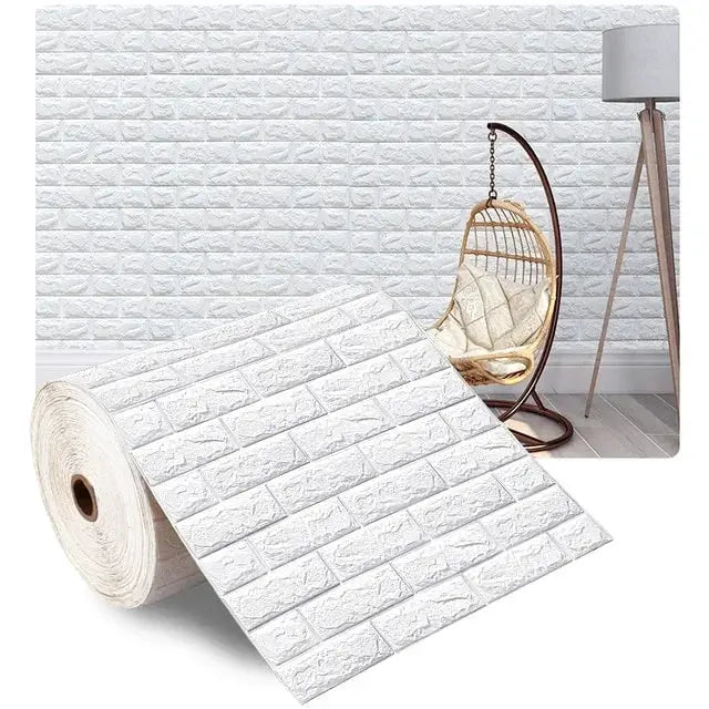 3D foam brick wall panels roll, white textured, self-adhesive waterproof wallpaper by Simples Market