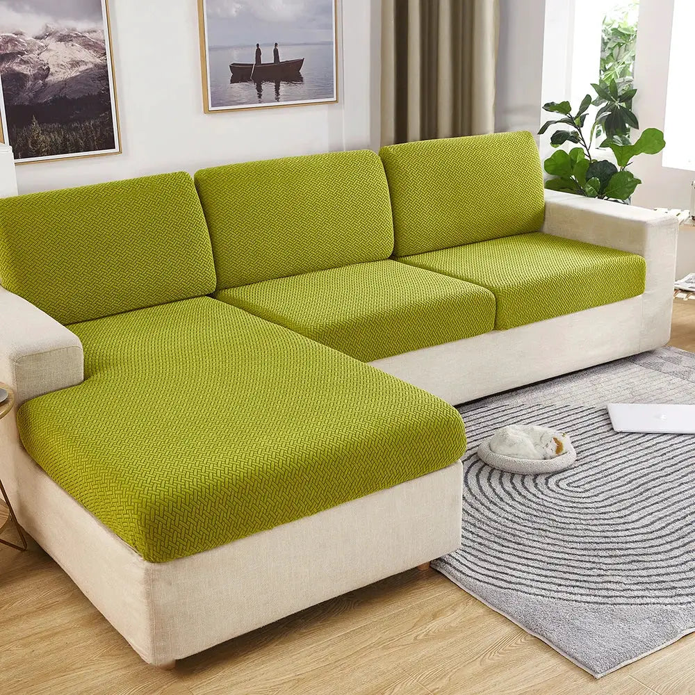 Thick jacquard sofa cushion covers; lime green, removable slipcovers for sofas, set of 4