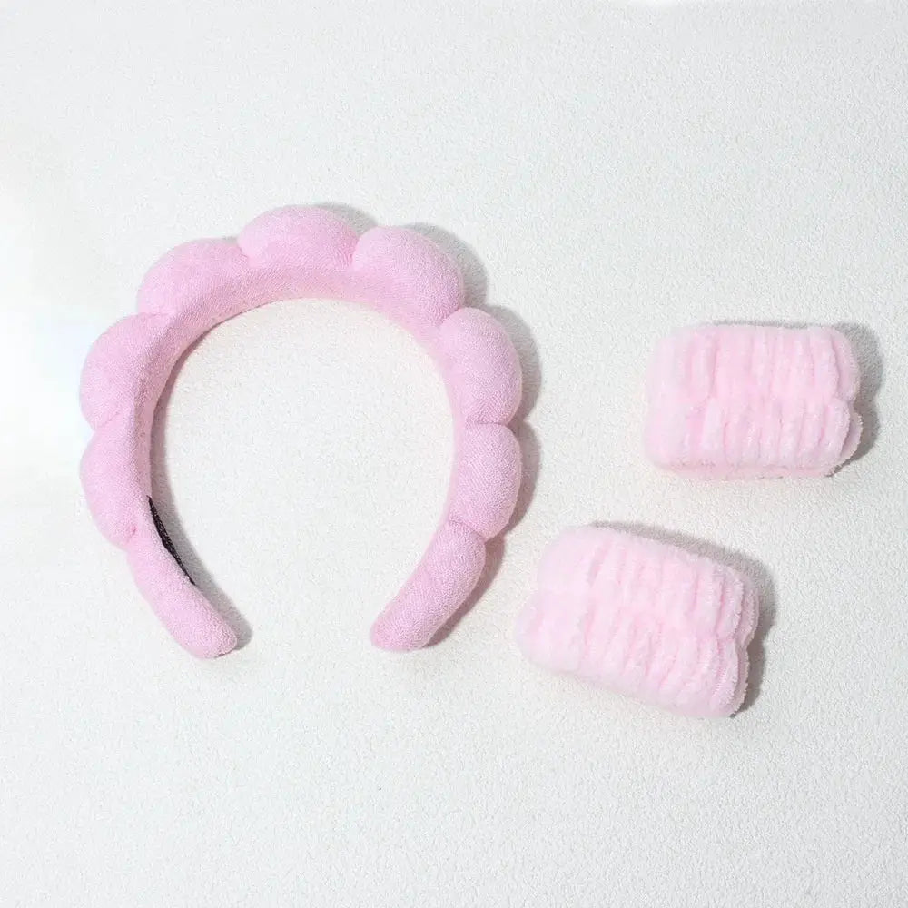 Three Piece Bubble Headband Set With Wristbands And Scrunchies For Face Washing Makeup And Shower Spa Skincare