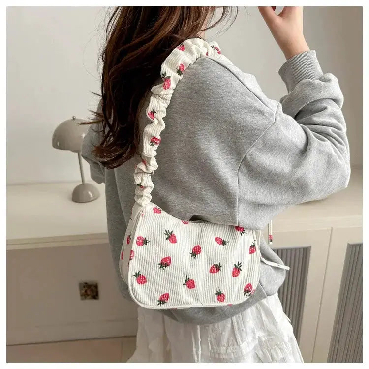 Women white corduroy underarm bag with strawberry print and ruched strap