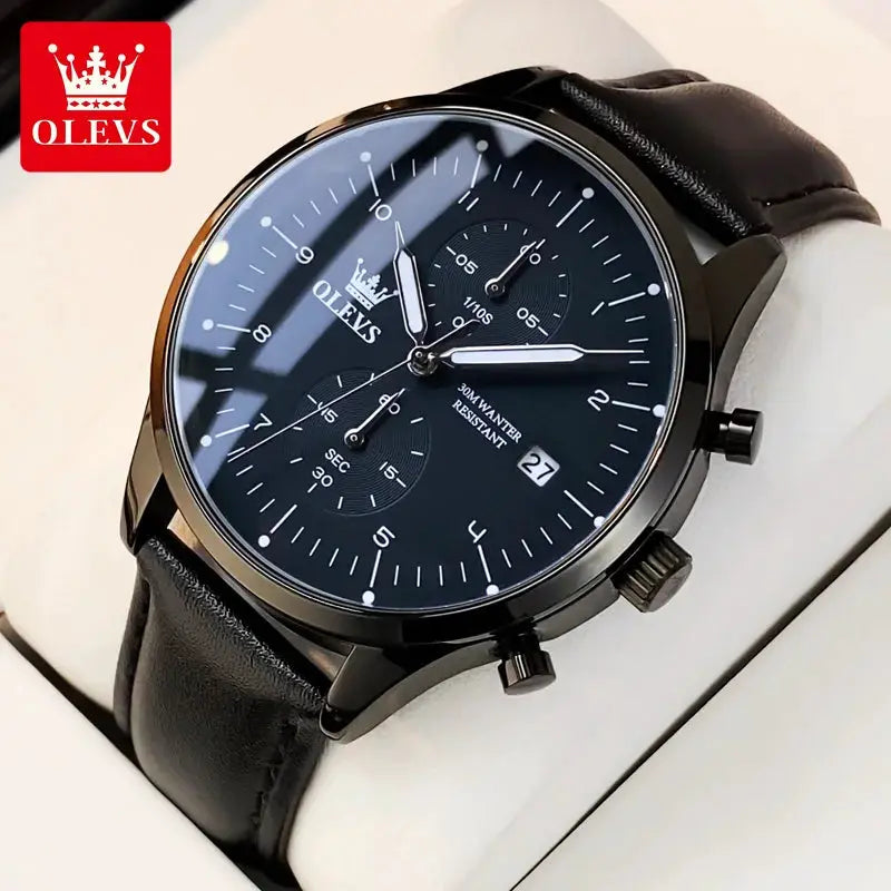 OLEVS men's wristwatch with black dial and leather strap, date window, 30m water resistant