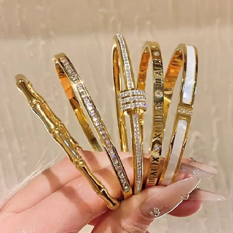 Titanium Steel Bracelet Gold Plated With Zircon Inlaid Classic Simple Style For Womens Daily Wear