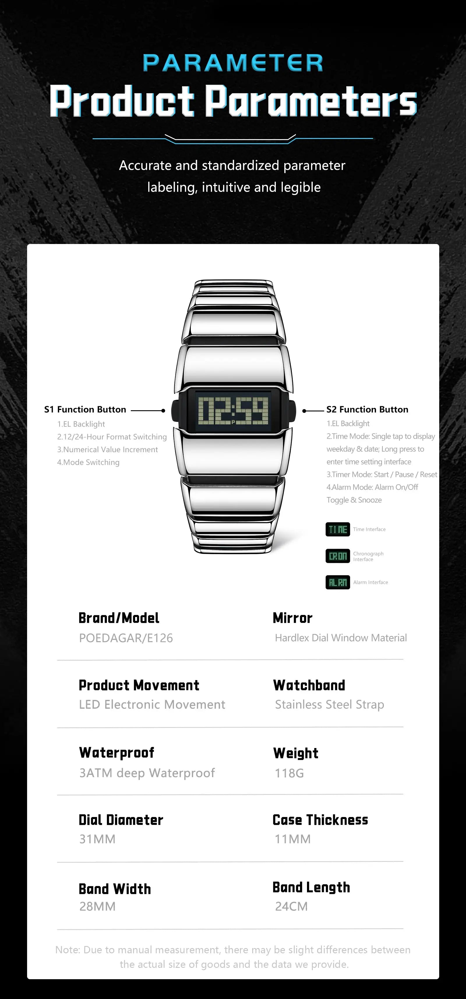 POEDAGAR fashion LED men's watch with stainless steel bracelet and digital display