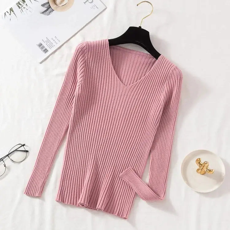 Autumn Winter Womens Knit V Neck Pullover Sweater Casual Long Sleeve Solid Jersey Tops