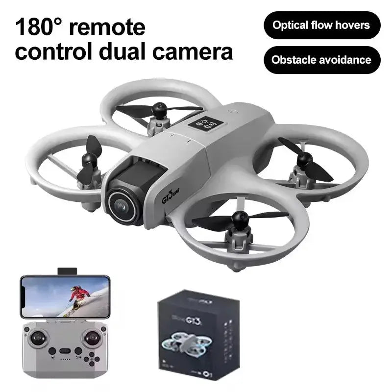 Simples Market GT3 Max Drone with dual cameras, white quadcopter, GPS/5G, remote controller and smartphone screen