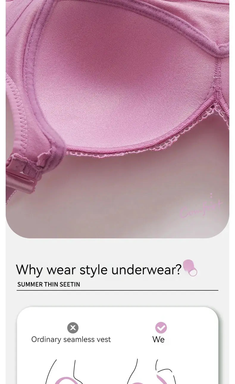 Womens pink lace bralette with ultra-thin cups, deep V-neck, adjustable strap and scalloped trim