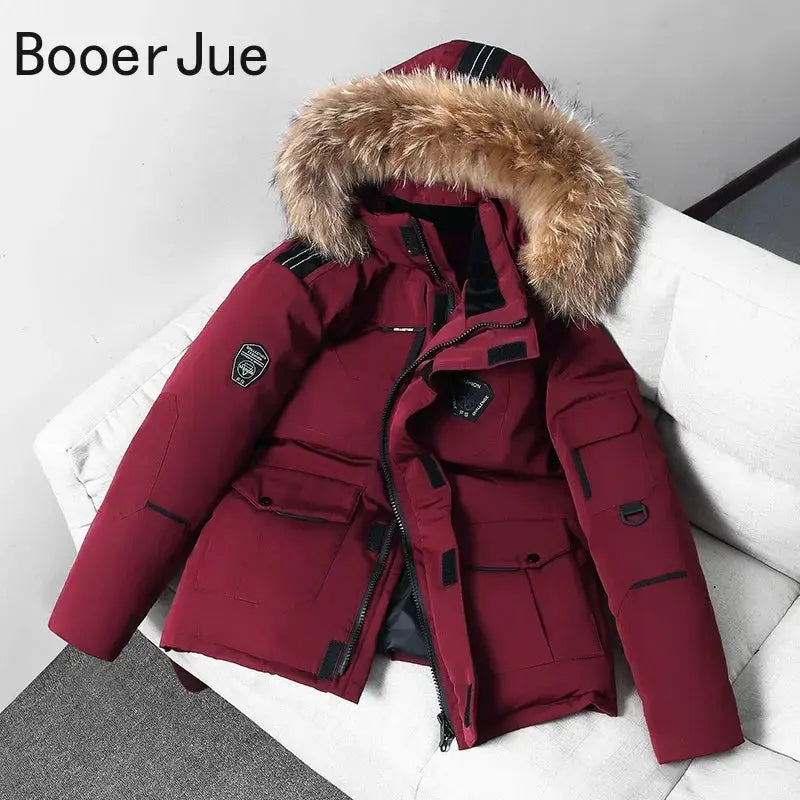 Men's red down parka with fur-trimmed hood, multiple pockets, Simples Market