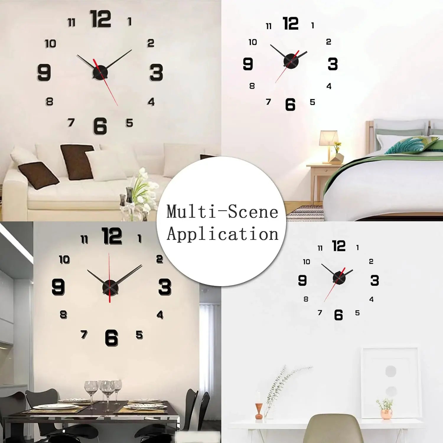 Simples Market 3D frameless DIY wall clock stickers; large black numerals on white walls with red second hand.