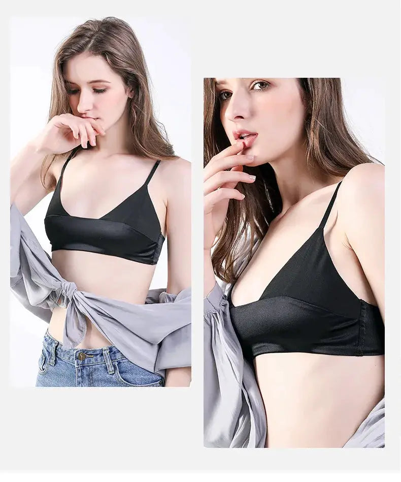 Birdtree women's wireless bralette by Simples Market, 90% silk 10% spandax, black, non-padded; two-angle view