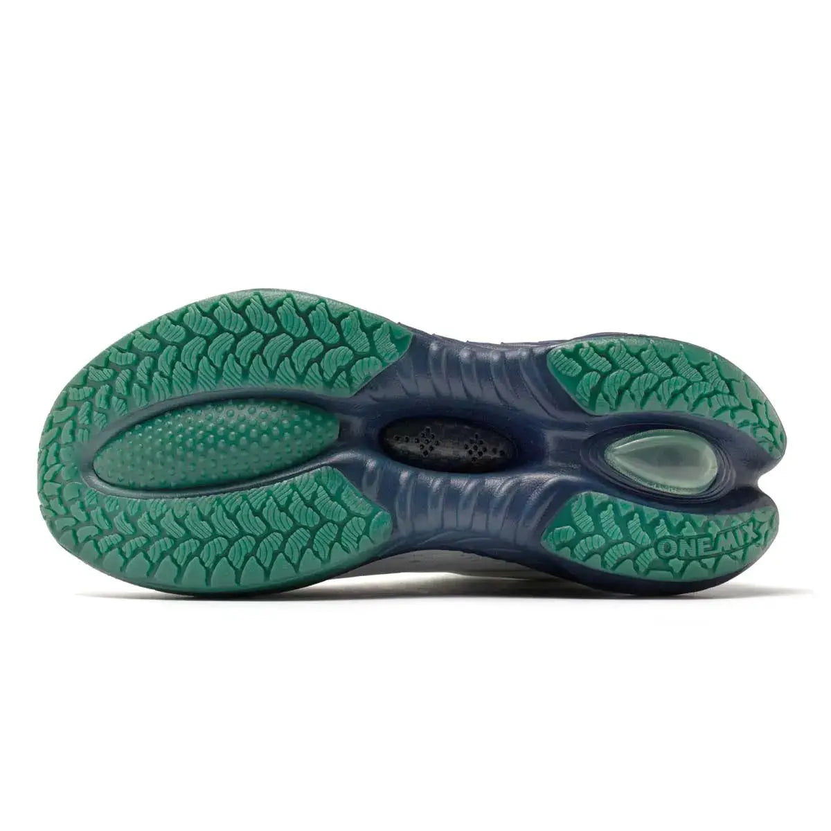 ONEMIX men's running shoes outsole bottom view; green and blue tread with ONEMIX logo