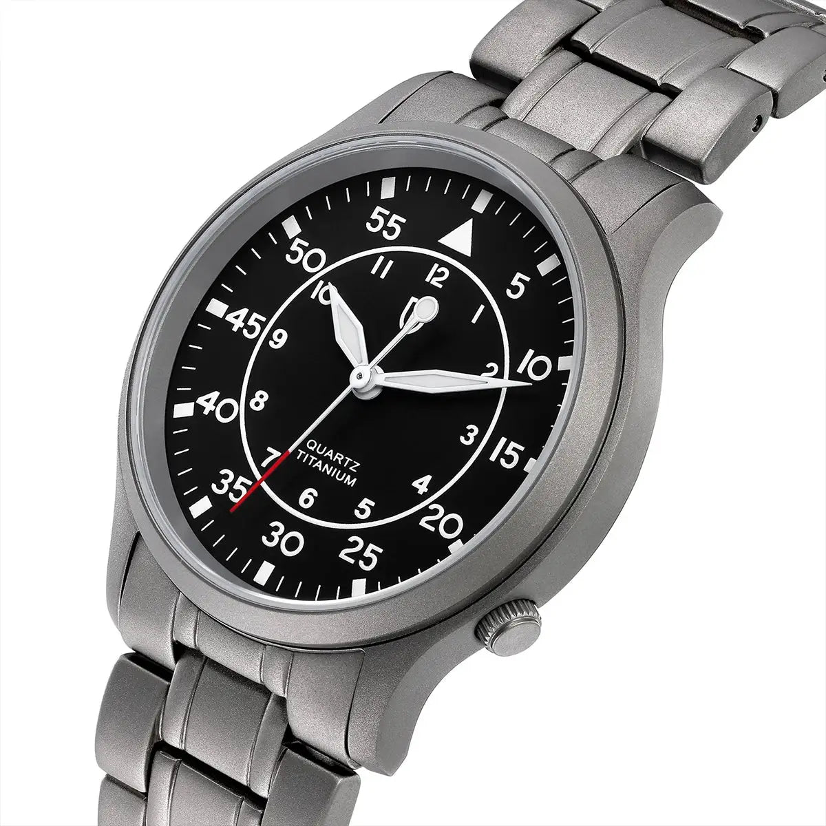 BERNY titanium men's wristwatch with black dial and silver metal bracelet