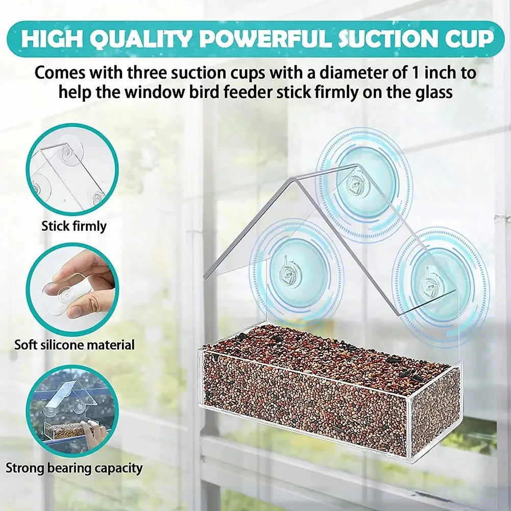 Window bird feeder by Simples Market with three suction cups and a clear feed tray