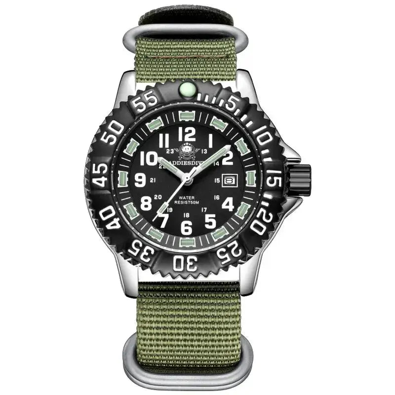 Addies Dive men's watch with green fabric strap, black dial, luminous markers, rotating bezel, 50m water resistant