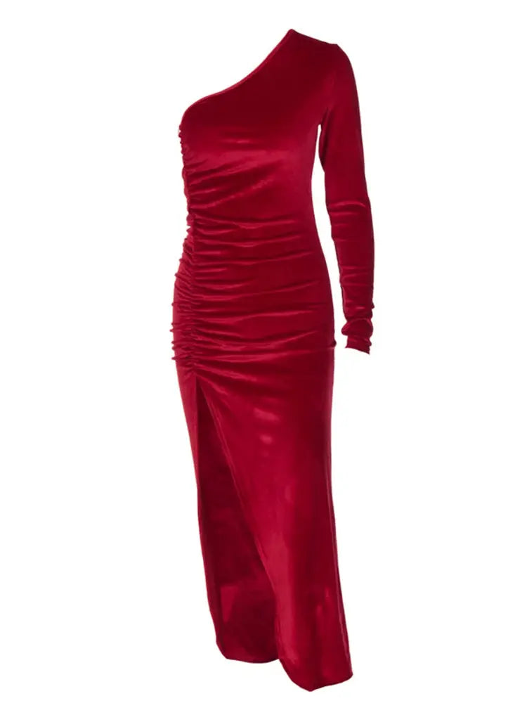 Velvetique Women Velvet Bodycon Midi Dress Elegant Long Sleeve Diagonal Collar And Split Pencil Hem
