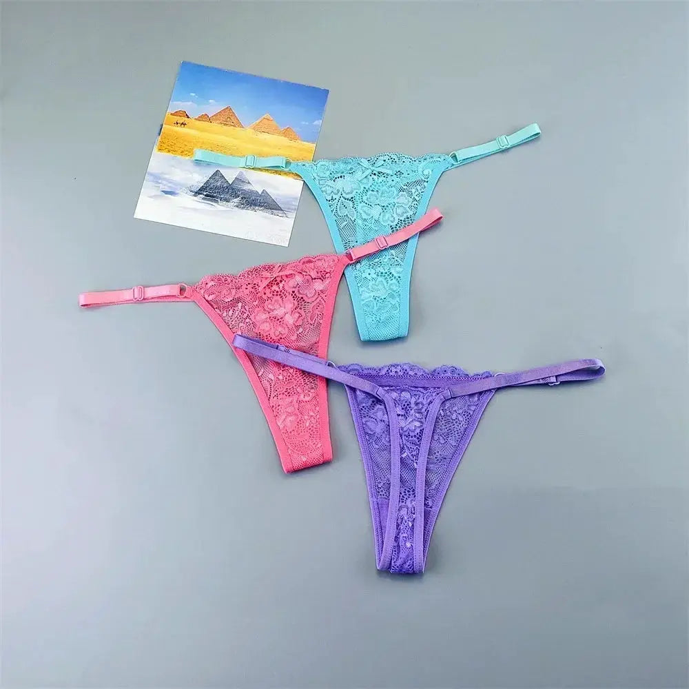 3pc lace thong panties set in pink, blue and purple; adjustable low-rise T-back