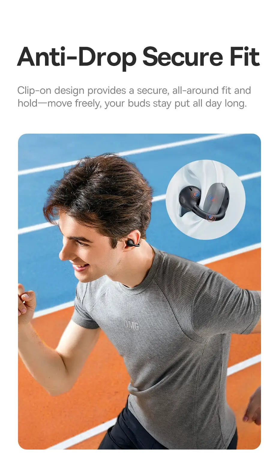 Baseus BC1 ear clip wireless earbuds worn by a man running; open-ear design, black, Bluetooth 6.0, IP55, 4 mics