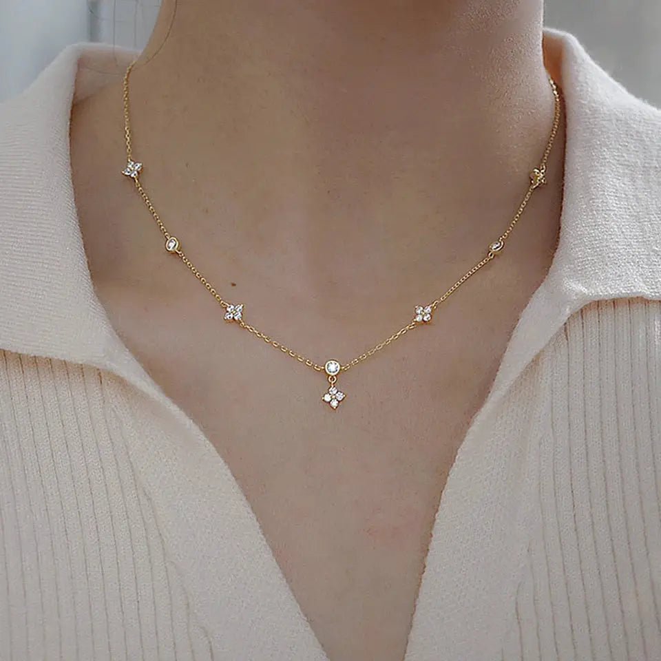 Yupsk Inlaid Zircon Four Leaf Flower Necklace For Women Niche Light Luxury Fashion Choker