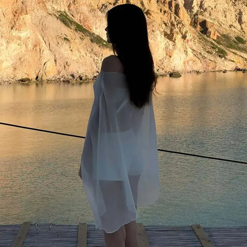 See-through chiffon blouse cover-up for women; white, by Simples Market
