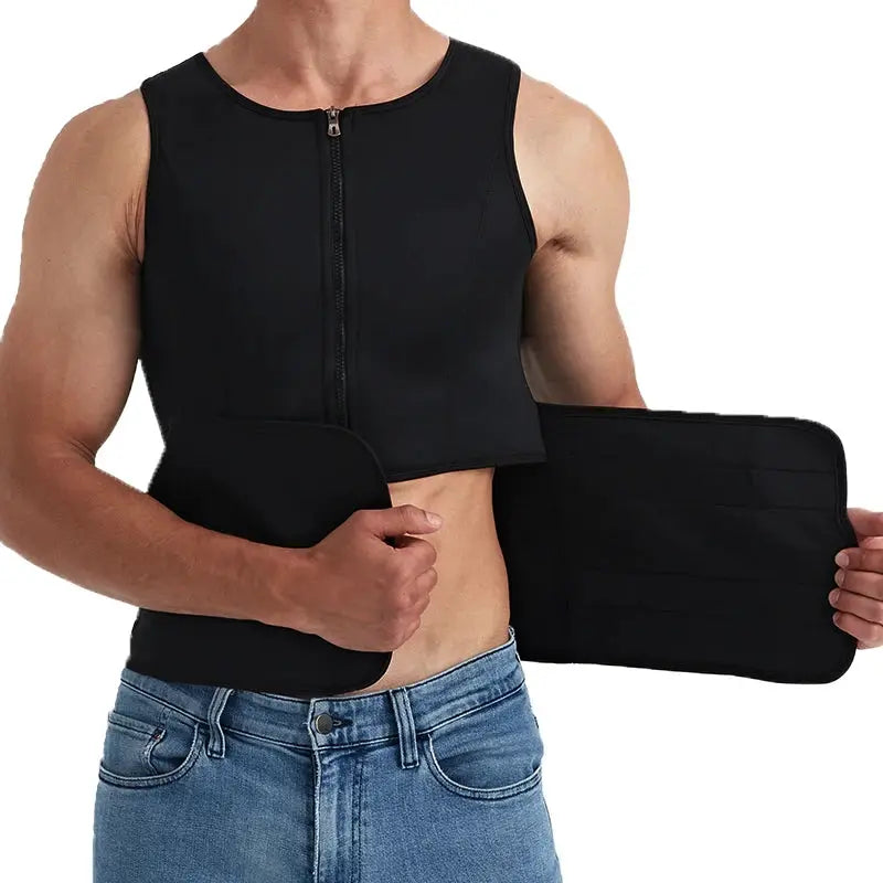 Men's black waist trainer with front zipper for slimming and workout support