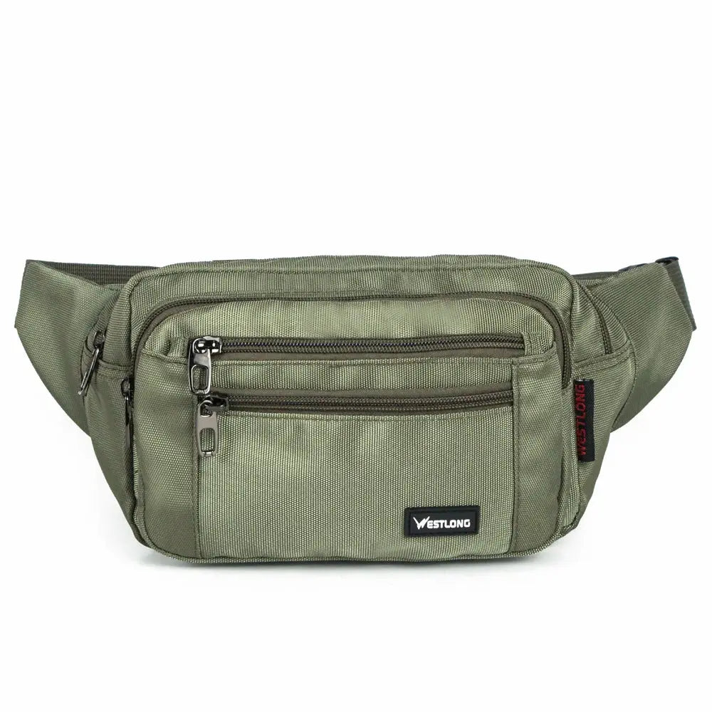 Westlong olive green unisex waist pack with multiple zip pockets and adjustable belt