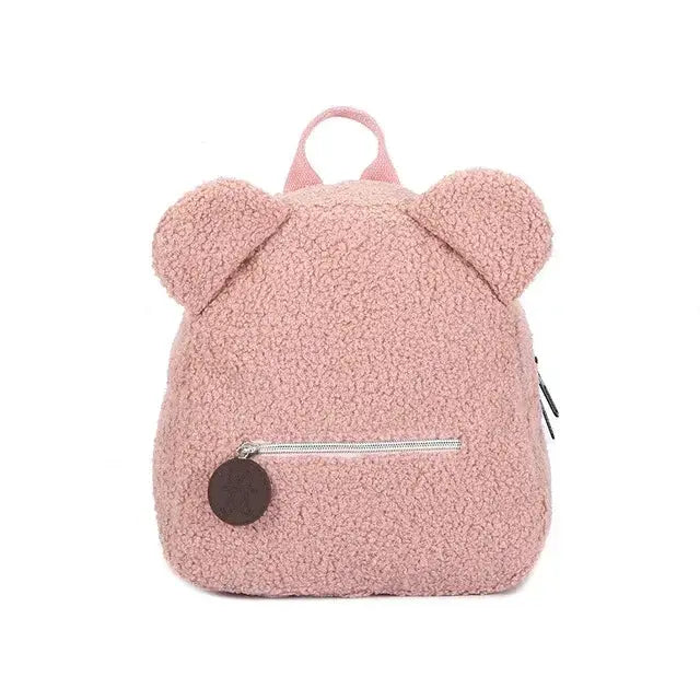 Bear-ear fleece small backpack for kids by Simples Market, pink with front zip pocket.