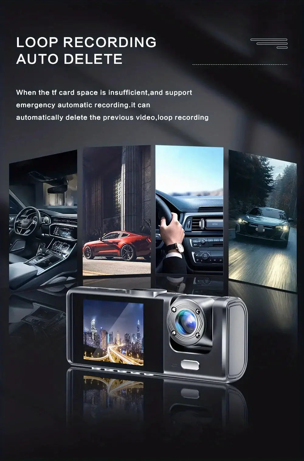 Simples Market dash cam with 2-inch IPS screen, IR night vision, loop recording, 1080P, 3-camera DVR
