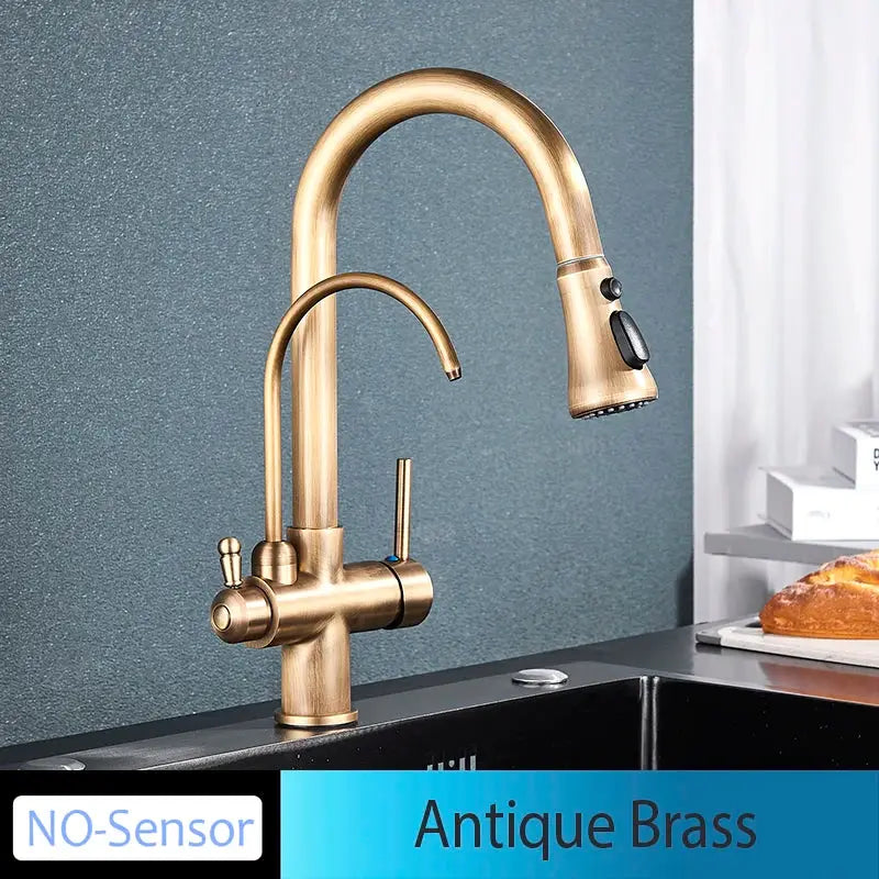 Antique brass pull-out kitchen faucet with high-arc spout, dual handles, spray head, deck-mounted finish