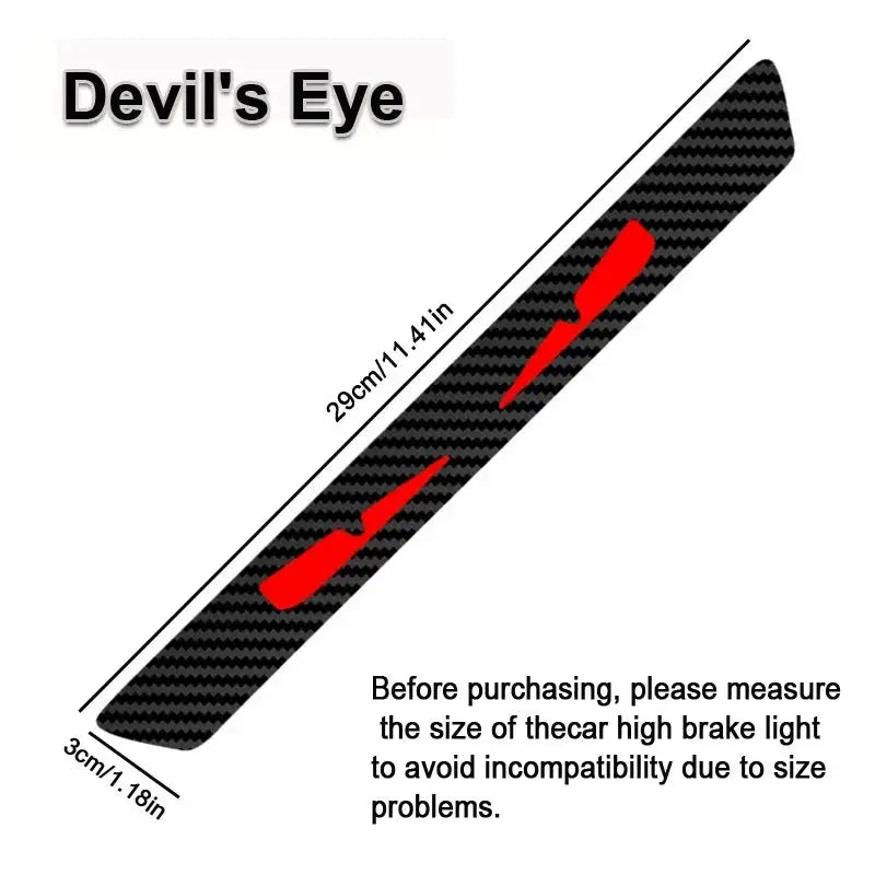 Monster Eyes car rear light sticker by Simples Market; carbon fiber pattern, red devil-eye decal