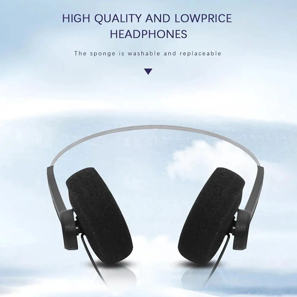 On-ear wired stereo headphones with black foam cushions, adjustable gray headband, 3.5mm plug, retro style.