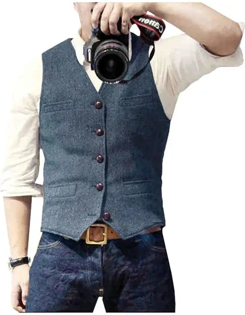 Men's blue tweed V-neck waistcoat vest with brown buttons, herringbone pattern, slim fit.