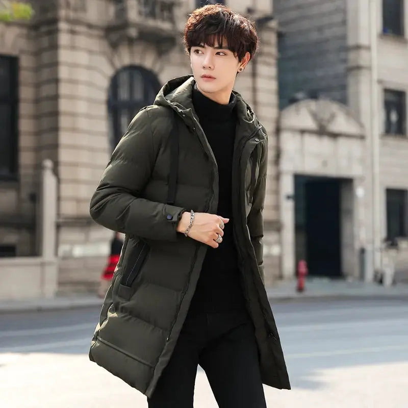 Men's mid-length olive green hooded cotton-padded winter jacket.