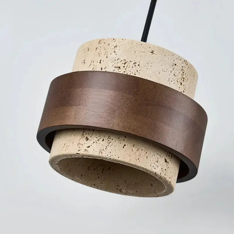 LED pendant lamp with beige stone cylinder and walnut wood band, hanging fixture by Simples Market.