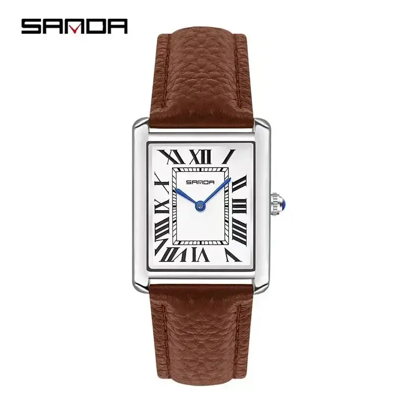 SANDA 9031/1108 luxury couple quartz watch from SAMOA with brown leather strap, rectangular silver case