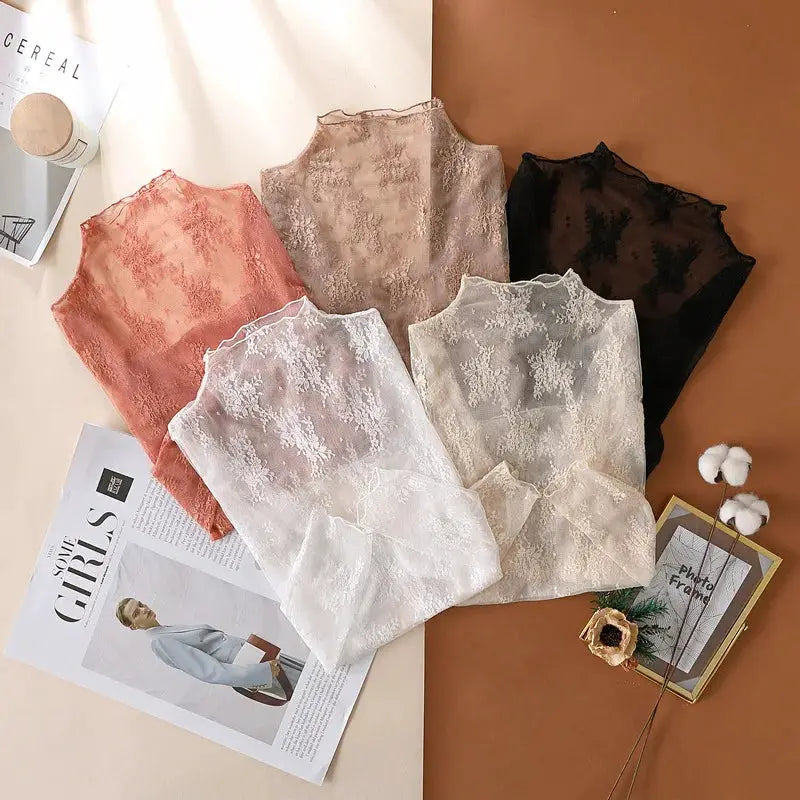 NovaLace Sheer Mesh Blouse With Floral Lace Long Sleeve See Through Top for Women
