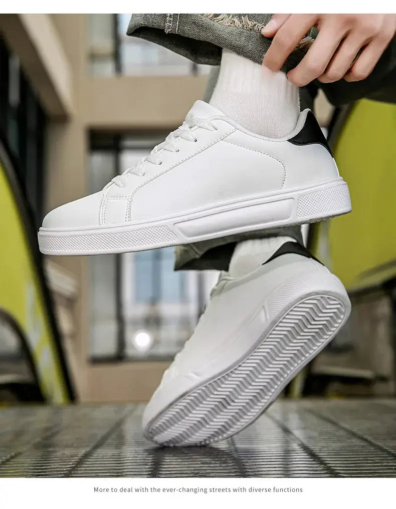 Simples Market PU leather men's white casual sneakers with black heel accent