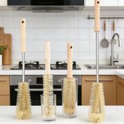 Wooden bottle cleaning brush set with long handles; natural wood finish, 4-piece kitchen bottle scrubbers