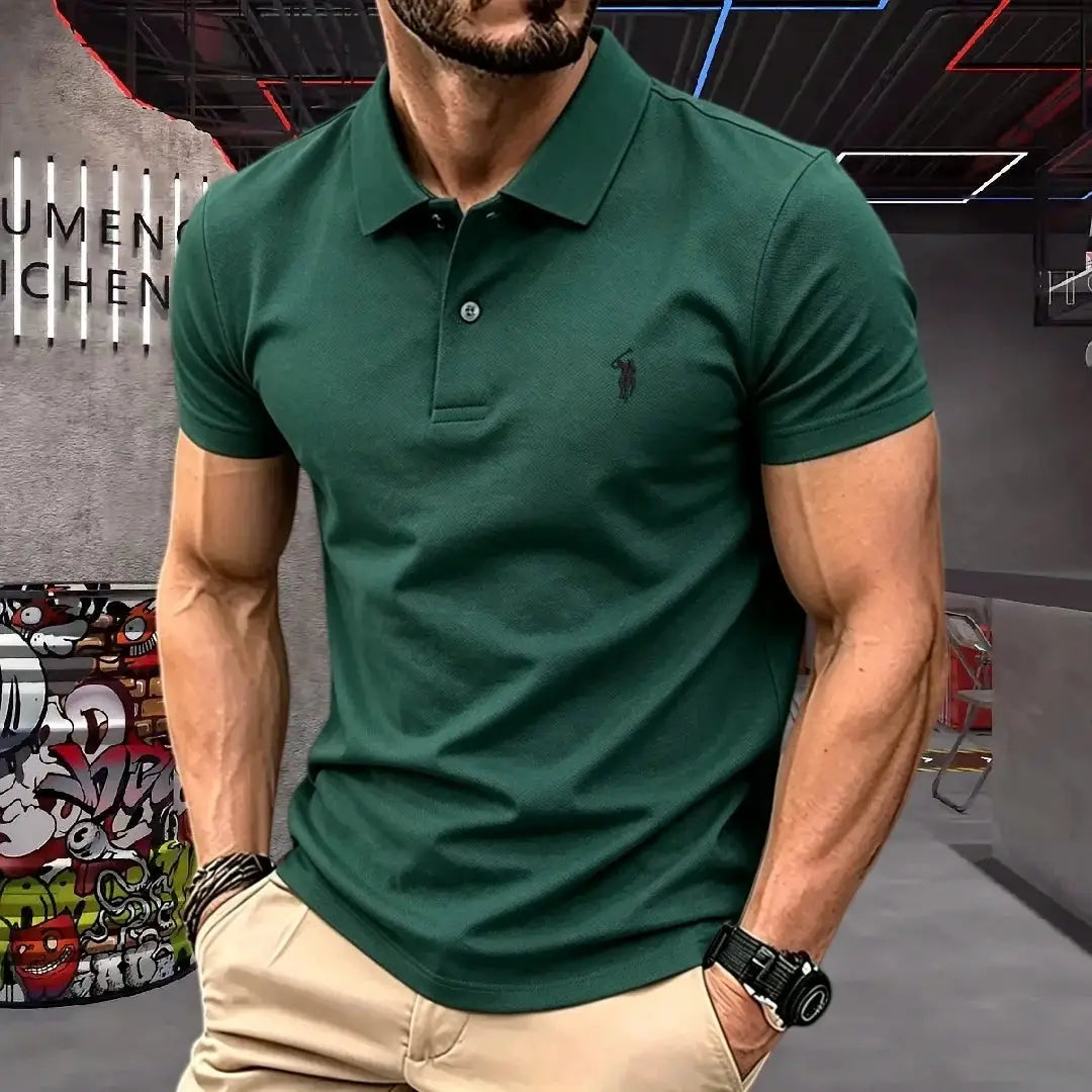 Polo shirt, green, 100% cotton, with small pony embroidery; casual golf-style men's top.