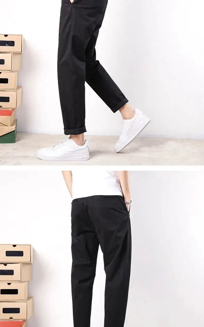 HIQOR men's black cotton casual pants with elastic waistband, loose fit; front and back views